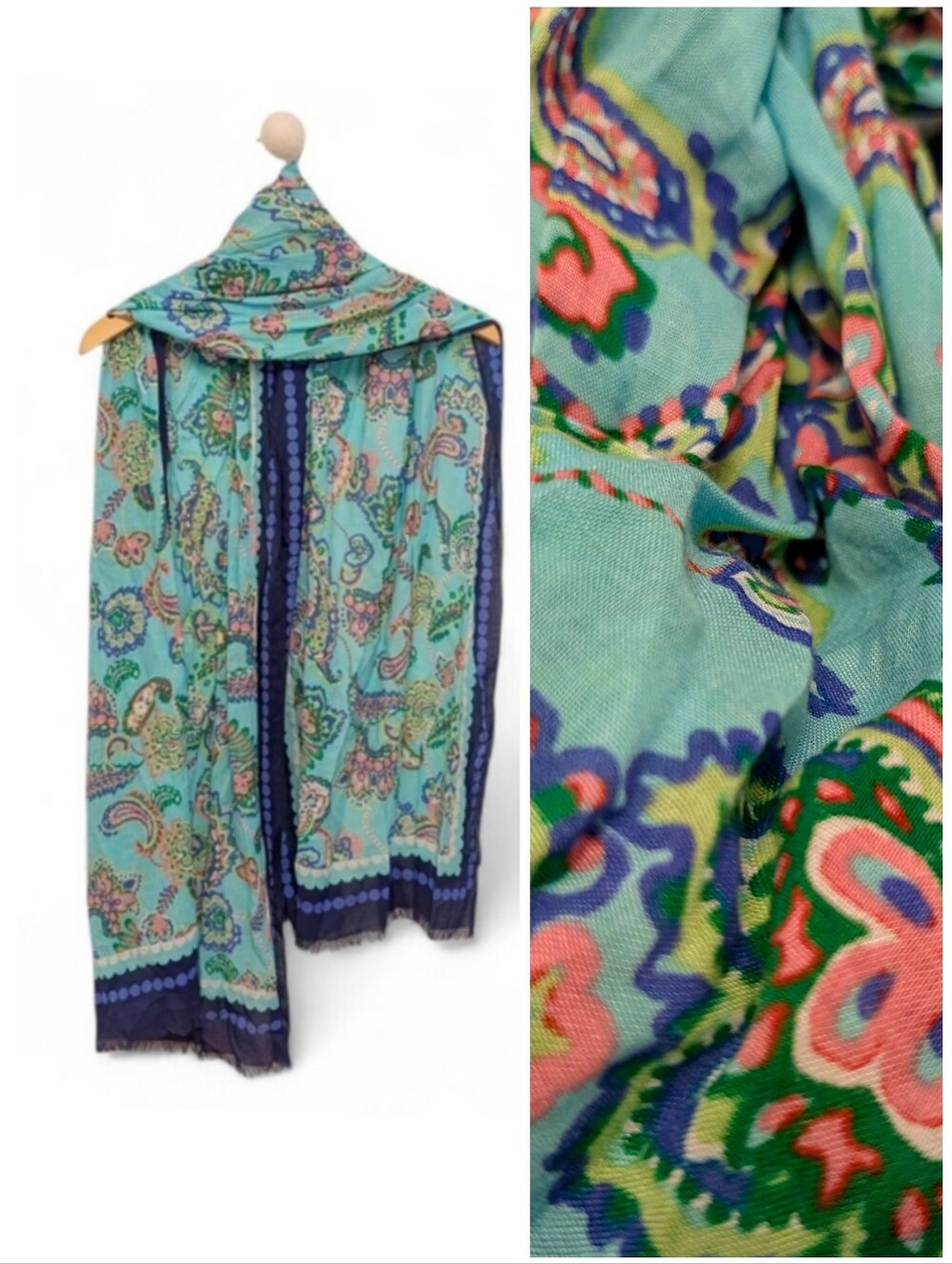 TALBOTS Colorful Oblong Floral Scarf Navy Blue Aqua Green Coral Pink 72x27 New
